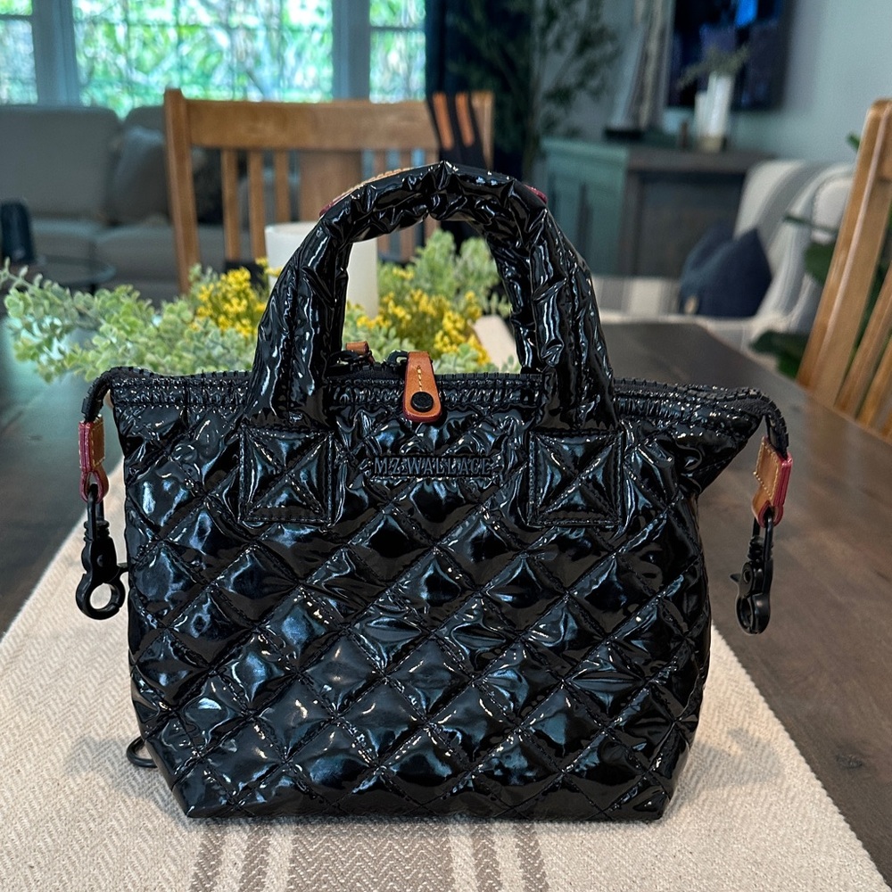 MZ Wallace Black Lacquer Quilted Mini Sutton Bag.